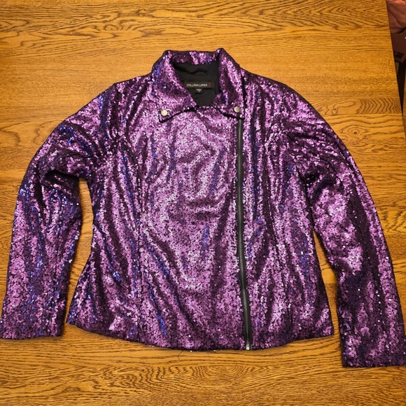 Purple Size M Colleen Lopez Women's Luxe Sequin Moto Jacket LSU Mardi Gras - Picture 1 of 9